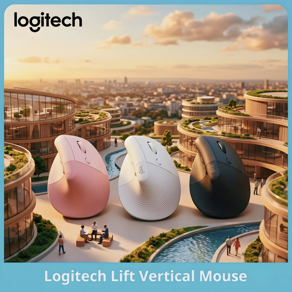 Three Logitech Lift Vertical Mice in pink, white, and black on a cityscape background with 'Logitech' branding.