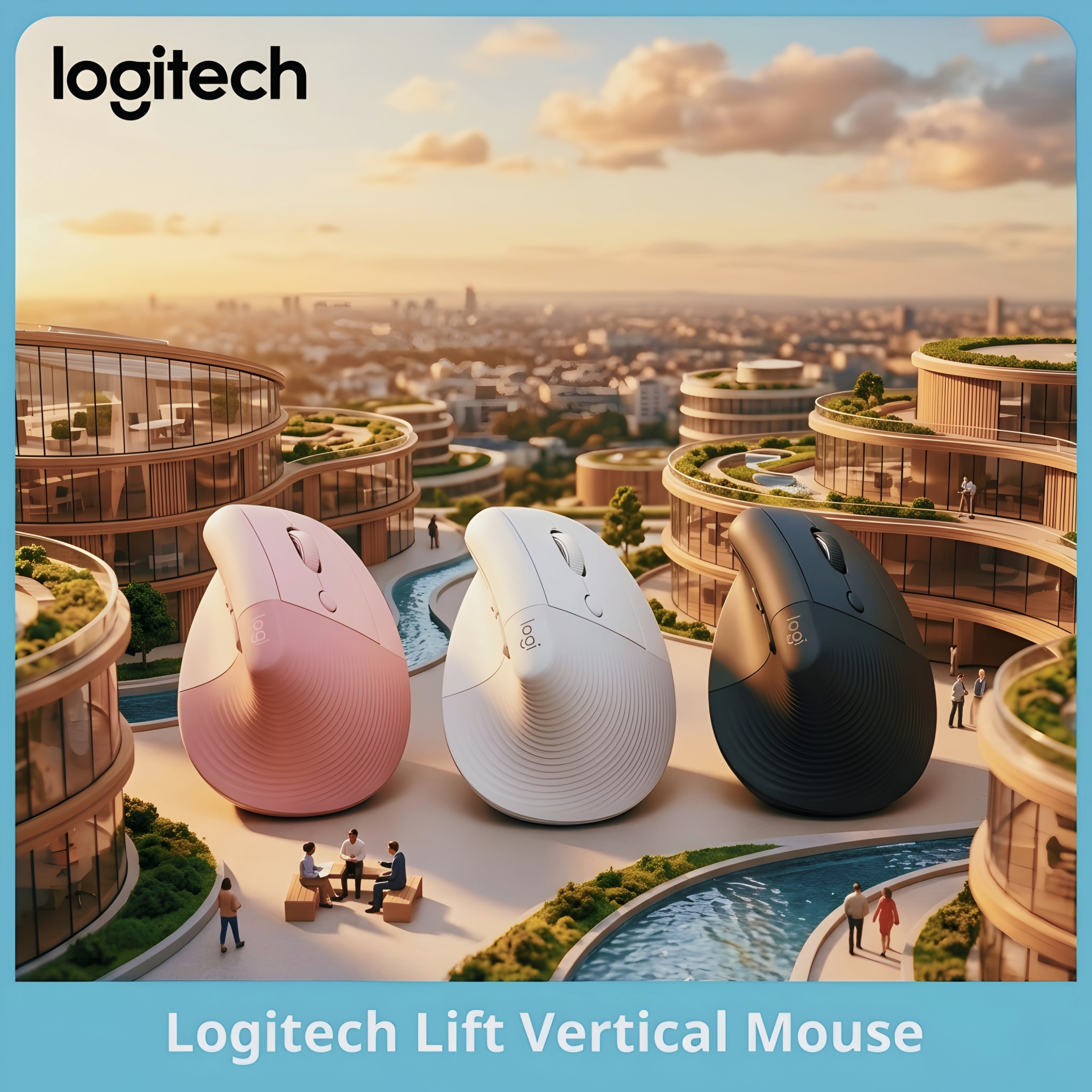 Three Logitech Lift Vertical Mice in pink, white, and black on a cityscape background with 'Logitech' branding.