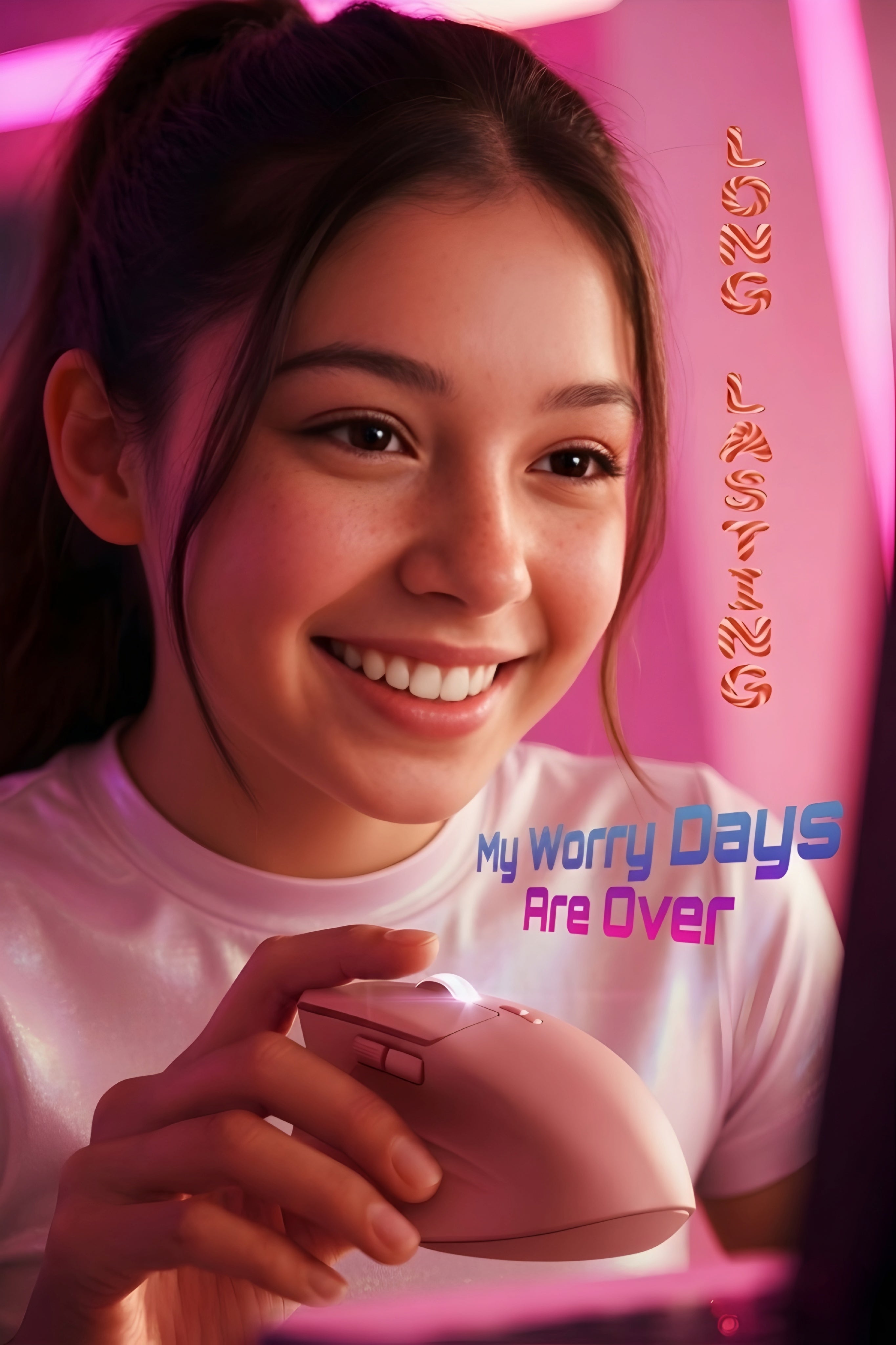 Person using a pink Logitech vertical lift mouse with a pink background and text overlay.