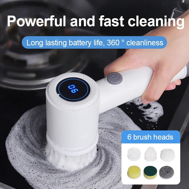 Electric Spin Scrubber, 6 Replacement Brush Heads, 360° Rotation, One-Button Start, Type-C Charging for Kitchen, Bathroom, Car