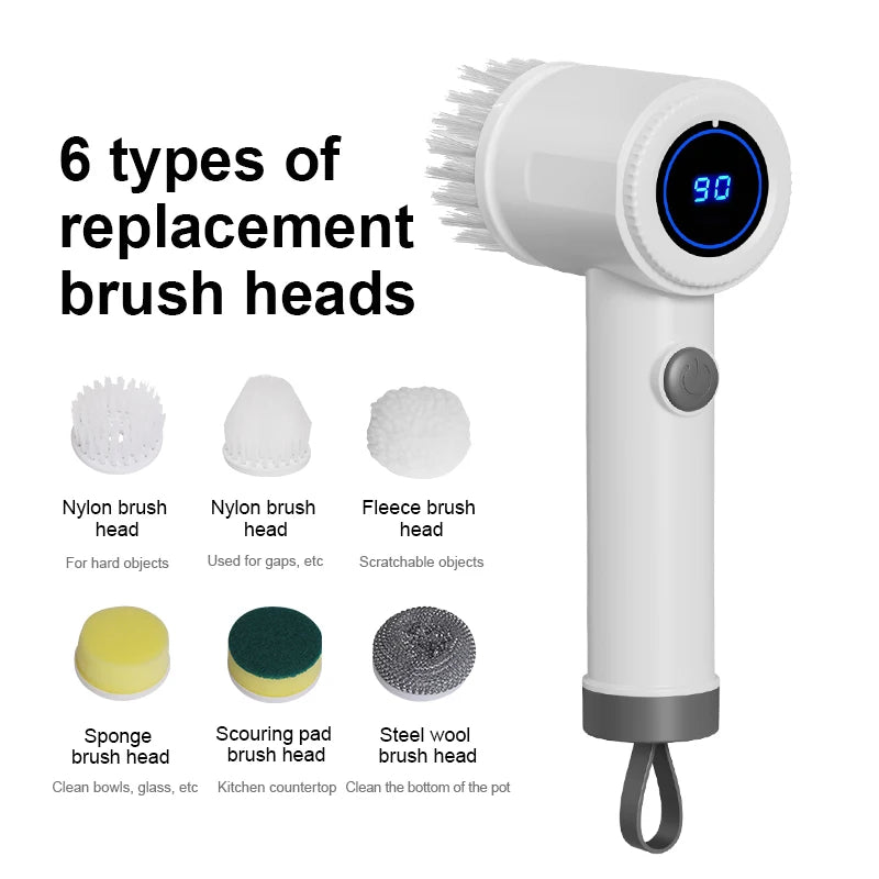 Electric Spin Scrubber, 6 Replacement Brush Heads, 360° Rotation, One-Button Start, Type-C Charging for Kitchen, Bathroom, Car