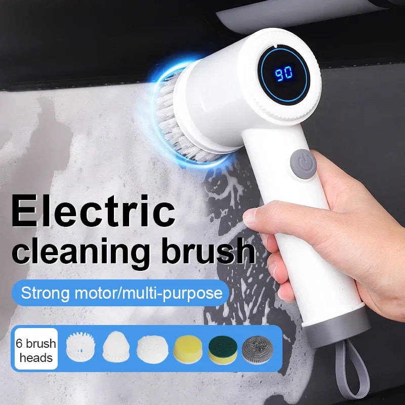 Electric Spin Scrubber, 6 Replacement Brush Heads, 360° Rotation, One-Button Start, Type-C Charging for Kitchen, Bathroom, Car