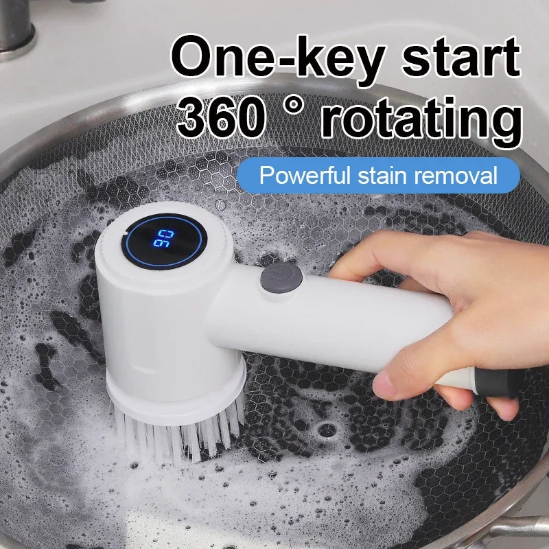 Electric Spin Scrubber, 6 Replacement Brush Heads, 360° Rotation, One-Button Start, Type-C Charging for Kitchen, Bathroom, Car