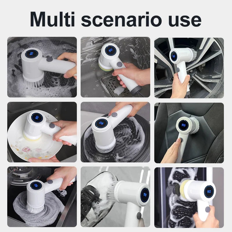 Electric Spin Scrubber, 6 Replacement Brush Heads, 360° Rotation, One-Button Start, Type-C Charging for Kitchen, Bathroom, Car